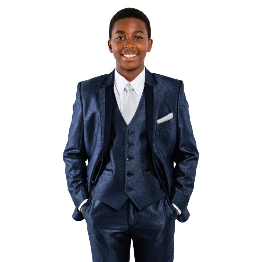 5-Piece Boys Sharkskin Dark Navy Suit Set by Tazzio